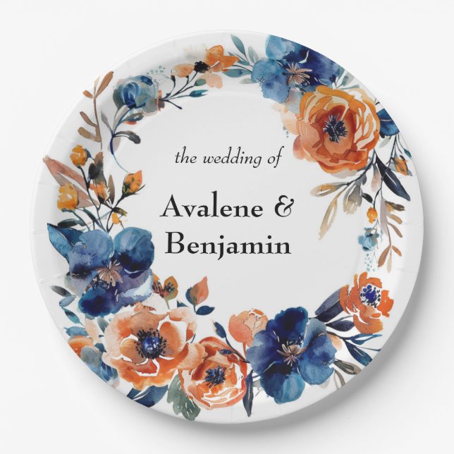 Blue and Orange Watercolor Floral Wedding Paper Plate (Front)