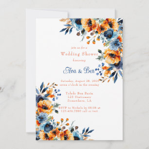 Blue and Orange Watercolor Floral Wedding Shower Invitation