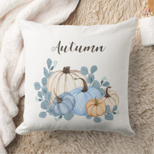 Blue and Orange Watercolor Pumpkins Autumn Cushion