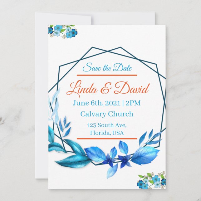 Blue and Orange Wedding Save the Date Invitation (Front)