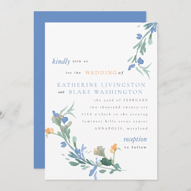 Blue and Orange Wildflower Colourful Wedding Invit Invitation (Front/Back)