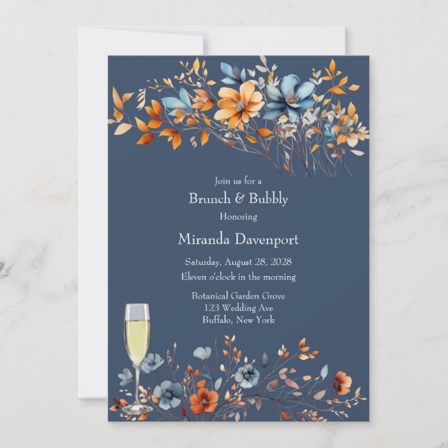 Blue and Orange Wildflowers Brunch and Bubbly Invitation (Front)