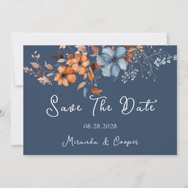 Blue and Orange Wildflowers Save The Date Cards (Front)