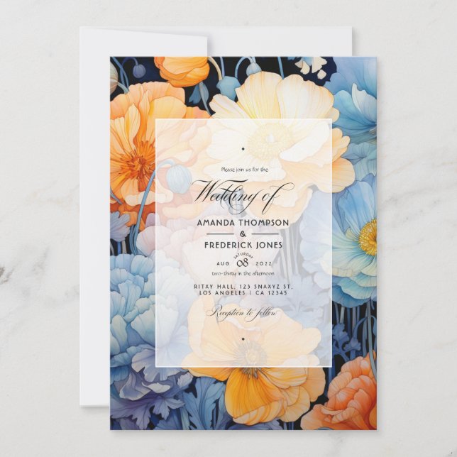 Blue and Pale Orange Floral Spring Wedding Invitation (Front)