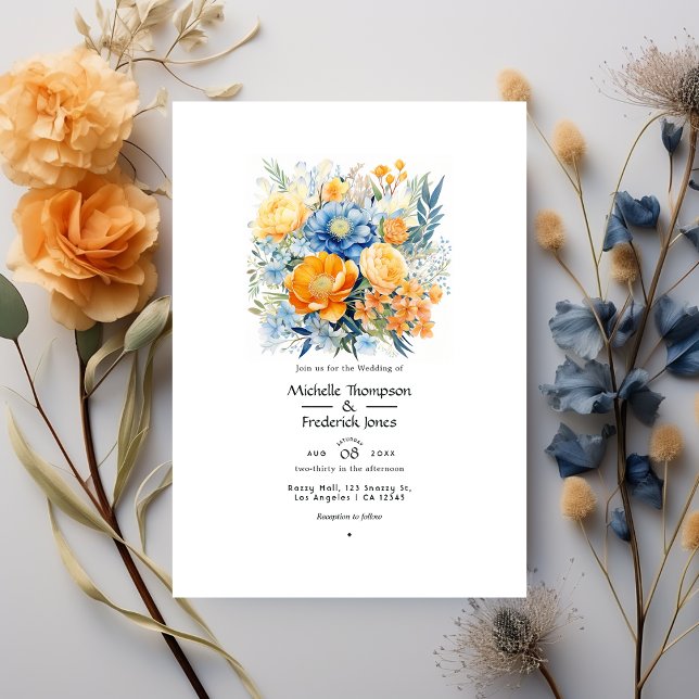 Blue and Pale Orange Floral Spring Wedding Invitation (Creator Uploaded)