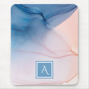Blue and Peach Abstract Ink Wash with Monogram Mouse Mat