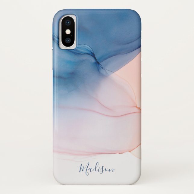 Blue and Peach Abstract Ink Wash with Name Case-Mate iPhone Case (Back)