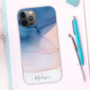 Blue and Peach Abstract Ink Wash with Name iPhone 15 Pro Max Case