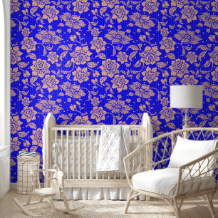 Blue and peach colour floral flower peel and stick wallpaper