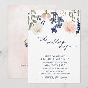 Blue and Peach Floral Botanical Wedding Invitation