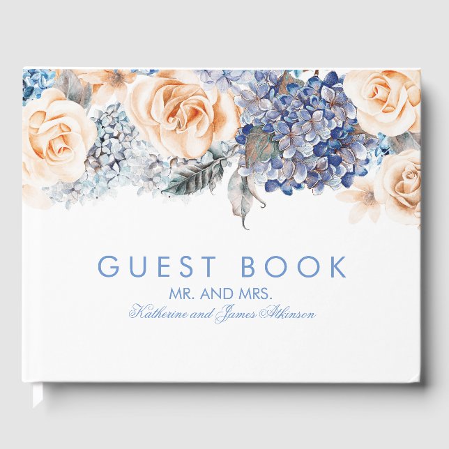 Blue and Peach Floral Elegant Wedding Guest Book (Front)