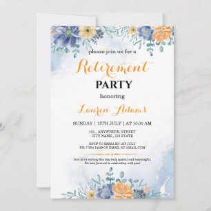 Blue and Peach Floral Retirement Party Invitation