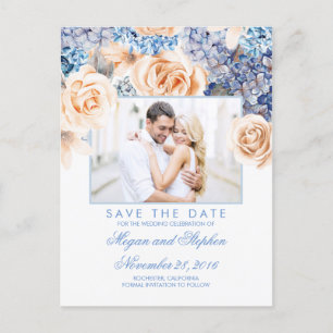 Blue and Peach Floral Watercolors Save the Date Announcement Postcard
