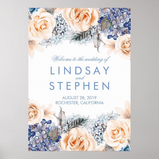 Blue and Peach Floral Wreath Wedding Welcome Sign (Front)