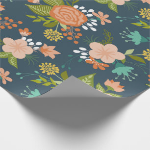 Blue and Peach Garden Floral Design Wrapping Paper