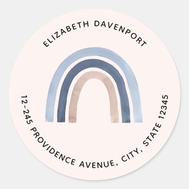 Blue and Peach Rainbow Boho Design Address Classic Round Sticker (Front)