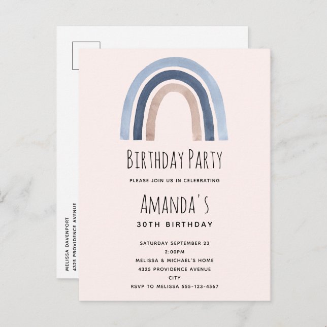 Blue and Peach Rainbow Boho Design Birthday Invitation Postcard (Front/Back)