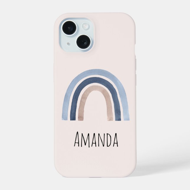 Blue and Peach Rainbow Boho Design iPhone 15 Case (Back)