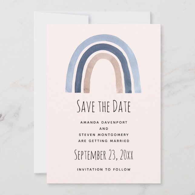 Blue and Peach Rainbow Boho Design Save The Date (Front)