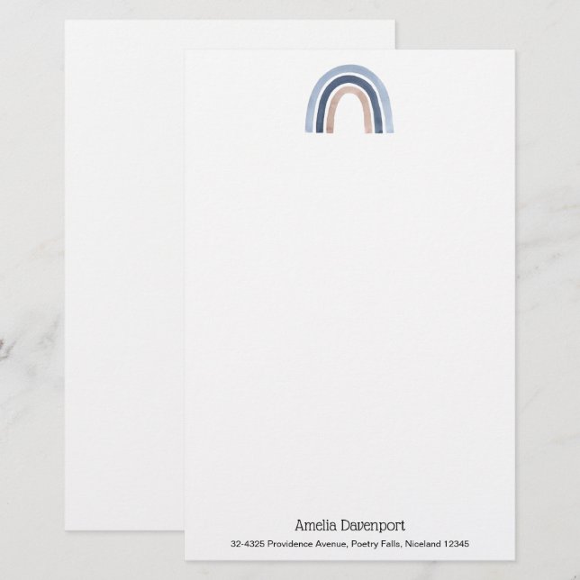 Blue and Peach Rainbow Boho Design Stationery (Front/Back)