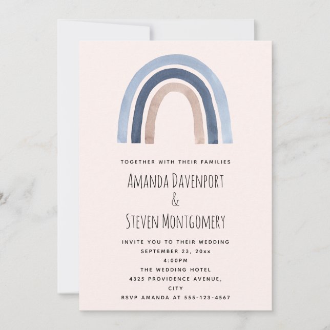 Blue and Peach Rainbow Boho Design Wedding Invitation (Front)