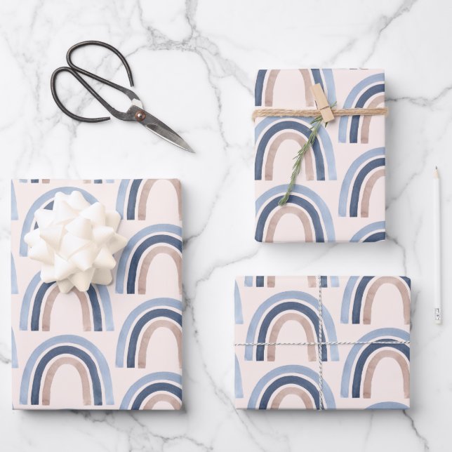 Blue and Peach Rainbow Boho Pattern Wrapping Paper Sheet (Front)