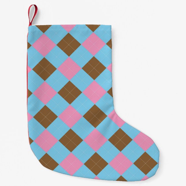 Blue and pink argyle pattern small christmas stocking (Front)