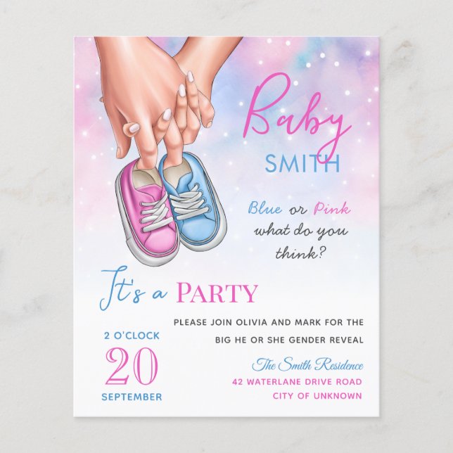 Blue and pink baby shoes gender reveal invitation (Front)