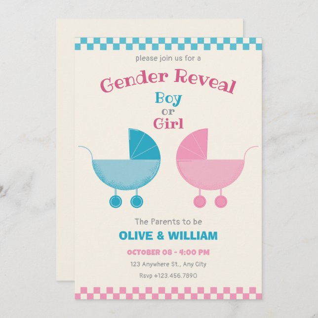 Blue and pink baby stroller gender reveal invitation (Front/Back)
