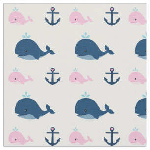 Blue and Pink Baby Whales and Anchors Fabric