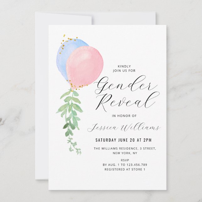 blue and pink baloon baby gender reveal invitation (Front)