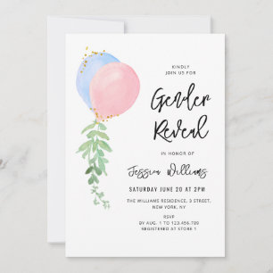 blue and pink baloon baby gender reveal invitation