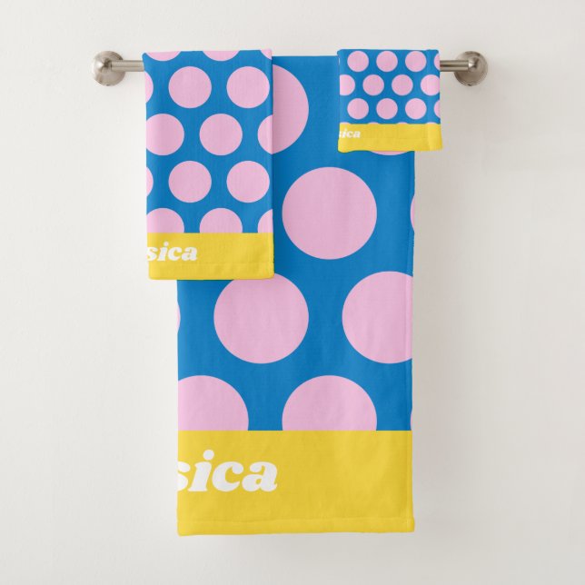 Blue and Pink Big Polka Dot Pattern Personalised Bath Towel Set (Insitu)