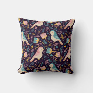 Blue and pink Birds with flowers and leaves on dar Cushion