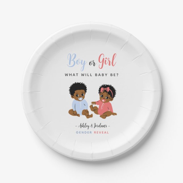 Blue and Pink Black Baby Gender Reveal Paper Plate (Front)