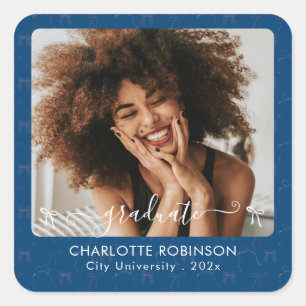 Blue and Pink Bow Graduation Photo Square Sticker