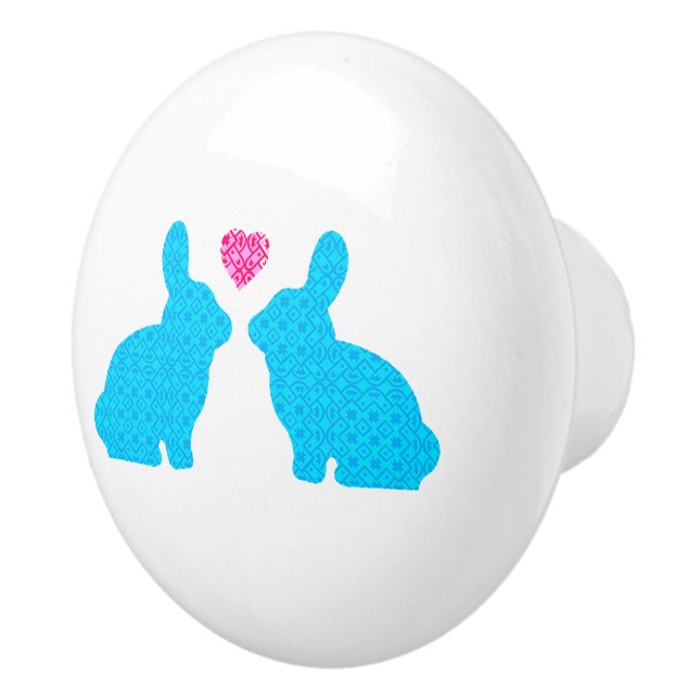 Blue and Pink Bunnies in Love Ceramic Knob (Right)