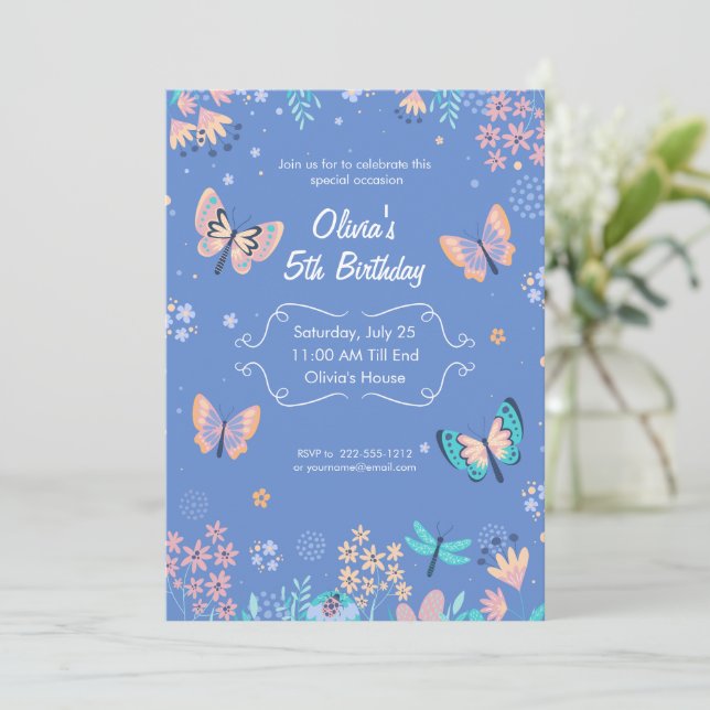 Blue And Pink Butterfly Birthday, Pastel Butterfly Invitation (Standing Front)