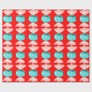Blue and Pink Candy on Red Wrapping Paper