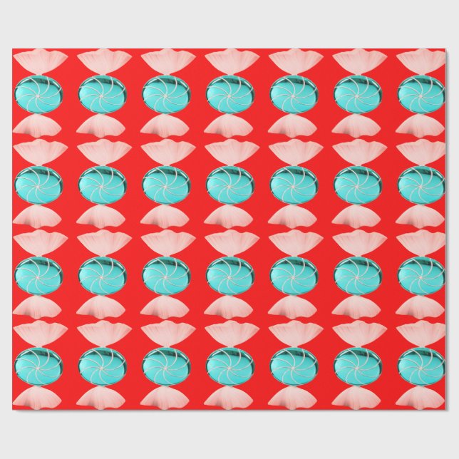 Blue and Pink Candy on Red Wrapping Paper (Flat)