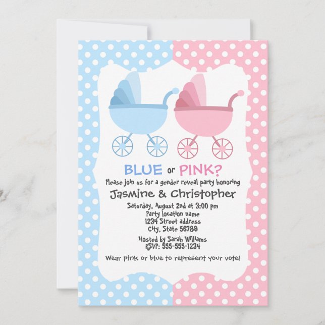 Blue and Pink Carriage Gender Reveal Party Invitation (Front)