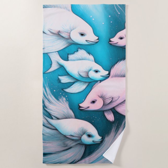Blue and Pink Chalk Drawing of Fish Beach Towel (Front)