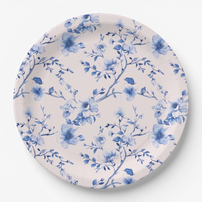 Blue and Pink Chinoiserie Flowers Paper Plate (Front)