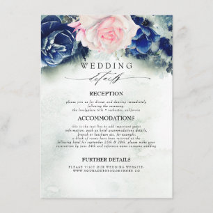 Blue and Pink Coloured Flowers Wedding Information Enclosure Card