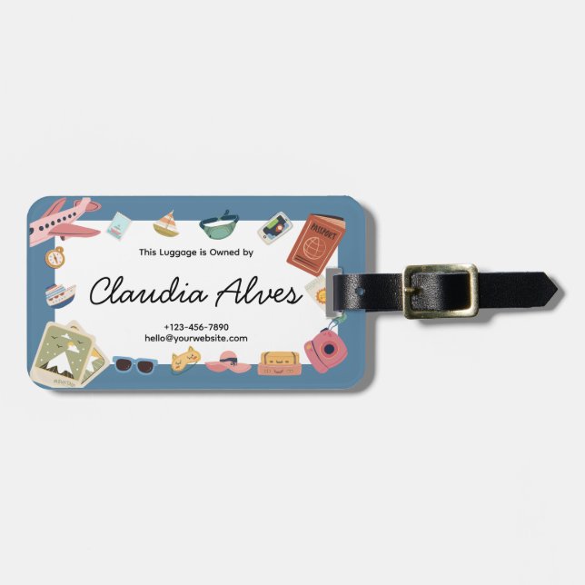Blue and Pink Colourful Playful Travel  Luggage Tag (Front Horizontal)