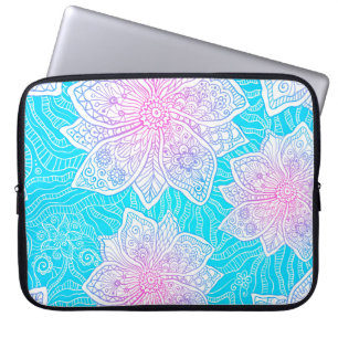 Blue and pink colours ornate flowers seamless patt laptop sleeve