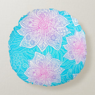 Blue and pink colours ornate flowers seamless patt round cushion