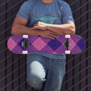 Blue and Pink Crosshatch Chequered Design Skateboard
