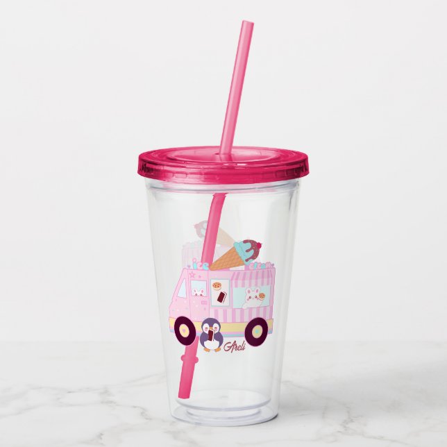 Blue And Pink Cute  Bunny Rabbit Ice Cream Truck Acrylic Tumbler (Back)