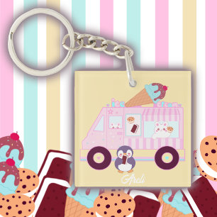 Blue  And Pink Cute Bunny Rabbit  Ice Cream Truck Key Ring